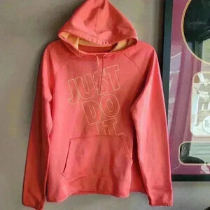 NIKE SWEATSHIRT HOODIE PULLOVER ORANGE "JUST DO IT" WOMEN'S SIZE M POCKET FRONT